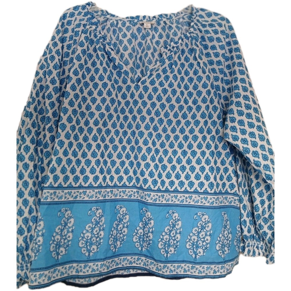 J.Crew Blue Block Floral Print Artist Boho Top‎ Popover Shirt Sz Large